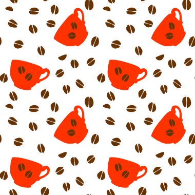 Kırmızı puantiyeli bardaklar ve kahve taneleriyle kusursuz desen. El yapımı mutfak malzemeleri izole edilmiş. Vektör arkaplan ve doku. Paketleme, ev dekorasyonu, tekstil, menü, kafe için mükemmel.