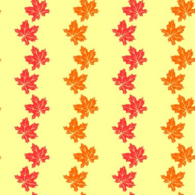 Sarı arka planda turuncu kırmızı akçaağaç yapraklarının kusursuz deseni. Kumaş için basit vektör dokusu, davetiyeler, ev yapımı tekstil. Sonbahar, orman, yaprak dökümü kavramı.