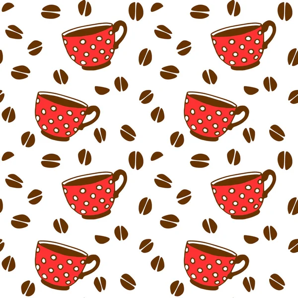 Seamless Pattern Red Polka Dot Cups Mugs Grains Coffee Hand — Stock Vector