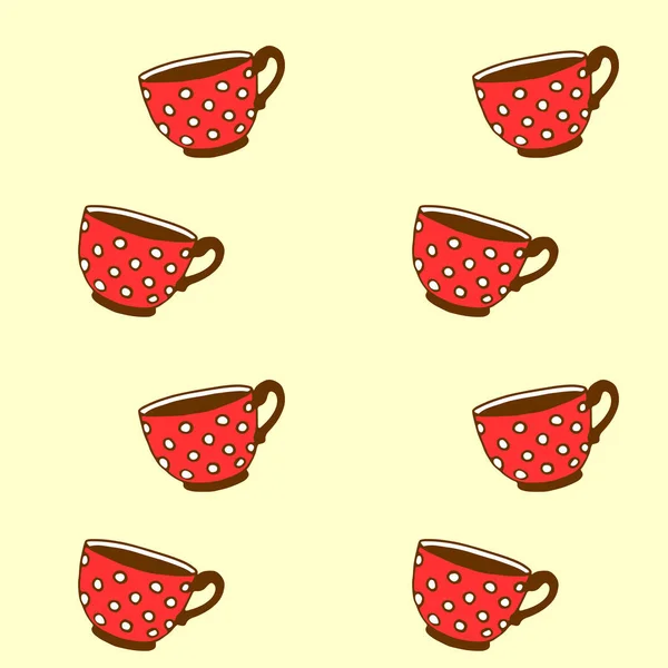 Seamless Pattern Red Polka Dot Cups Vector Background Texture Mugs — Stock Vector