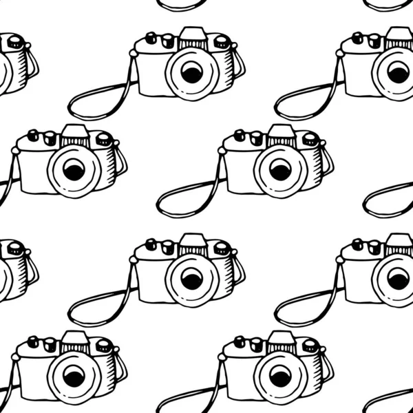无缝线轮廓图案与照相相机 用于印刷 包装纸 博客和设计的矢量插图 关于摄影和新闻主题的背景和结构 — 图库矢量图片
