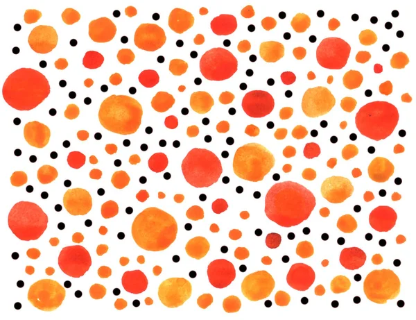 Streszczenie Kolorowe Tło Gwasz Żółty Pomarańczowy Czerwone Kółka Plamy Kropki — Zdjęcie stockowe