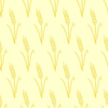 Buğday dikenleri, vektör dikişsiz desen. Çizim tarzında ana hatlar çizilmiş. Sonbahar arkaplanı ve dokusu. Kumaş tasarımı, ambalaj kağıdı, fırın ürünleri, un, hasat teması üzerine ambalaj.