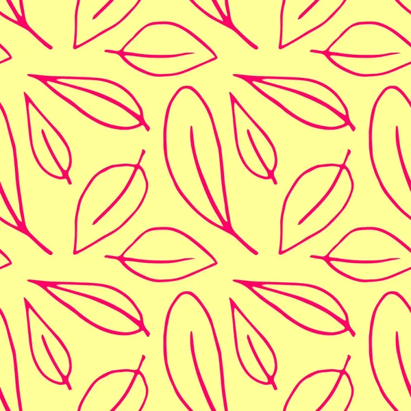 黄色の背景に孤立した輪郭の葉のシームレスなパターン スケッチスタイルで赤アウトライン ファブリック 招待状 ホームテキスタイルのためのシンプルなベクトルテクスチャ — ストックベクタ