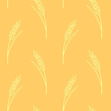 Buğday dikenleri, vektör dikişsiz desen. Çizim tarzında ana hatlar çizilmiş. Sonbahar arkaplanı ve dokusu. Kumaş tasarımı, ambalaj kağıdı, fırın ürünleri, un, hasat teması üzerine ambalaj.