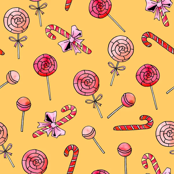 Seamless Hand Drawn Pattern Watercolor Candy Cane Sweets Lollipop New — Stock Photo, Image