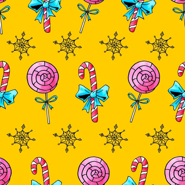 手描きのシームレスなパターン 水彩キャンディ杖 お菓子 ロリポップ クリスマス 休日の背景とテクスチャ グリーティングカード 包装紙 プリント用 — ストック写真