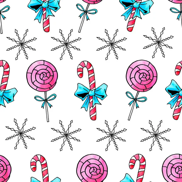 Naadloos Handgetekend Patroon Aquarelsuikerriet Snoep Lolly Nieuwjaar Kerstmis Vakantie Achtergronden — Stockfoto