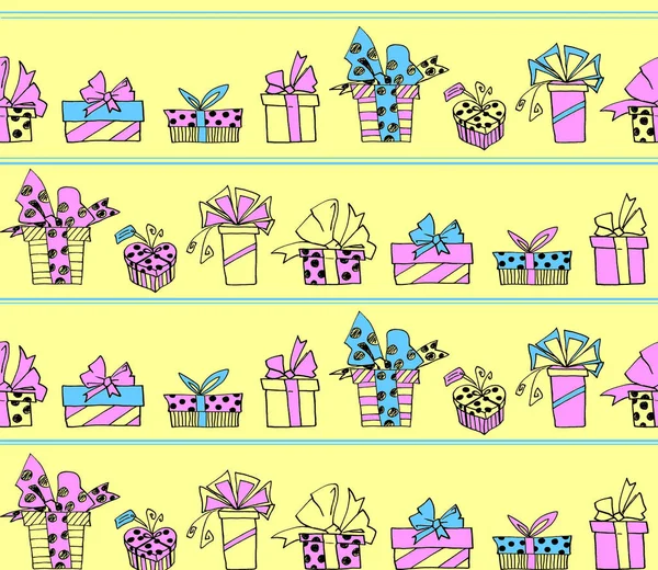 Seamless Pattern Gift Boxes Bows Ribbons Cute Hand Drawn Doodles — Stock Photo, Image
