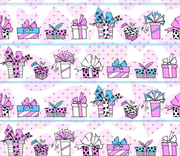 Seamless Pattern Gift Boxes Bows Ribbons Cute Hand Drawn Doodles — ストック写真