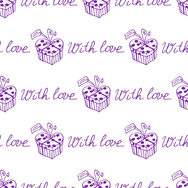 Seamless Pattern Gift Boxes Hearts Cute Hand Drawn Doodles Concept — 스톡 사진