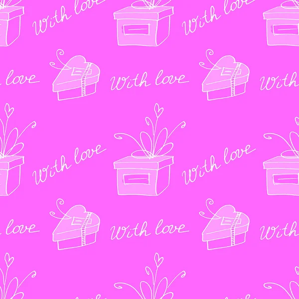 Seamless Pattern Gift Boxes Hearts Cute Hand Drawn Doodles Concept — Stock Photo, Image