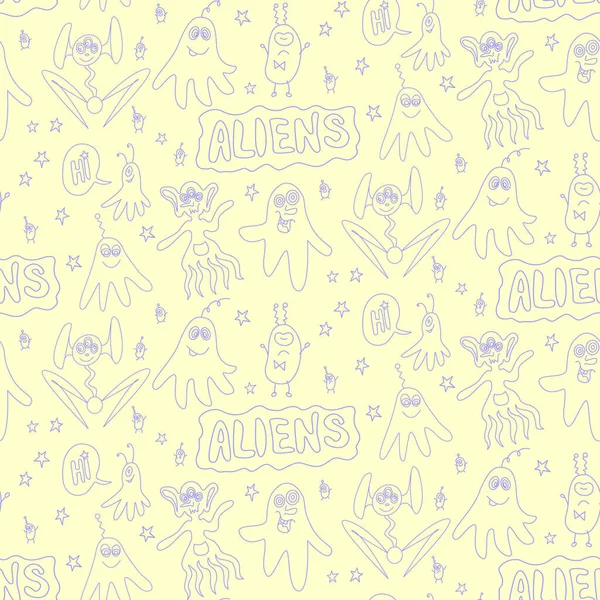 Vector Kleur Naadloos Kinderachtig Patroon Met Schattige Outline Monsters Aliens — Stockvector