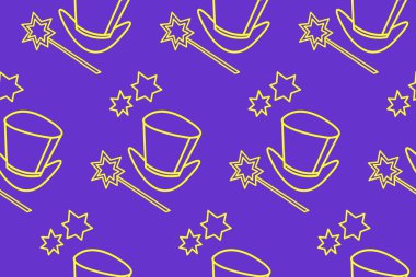 Simge ile kusursuz desen, bir sihirbaz, büyücü ya da hokkabazın sembolü. Silindir şapka, parlak sihirli değnek. Vektör arkaplan ve doku. Parti posteri, reklamcılık, pankart tasarımı şablonu.