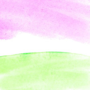 Yeşil çimen ve pembe günbatımı gökyüzü çiçekli ağaçlar, soyut yaz suluboya arka plan. Kartpostal, pankart, illüstrasyon için şablon.