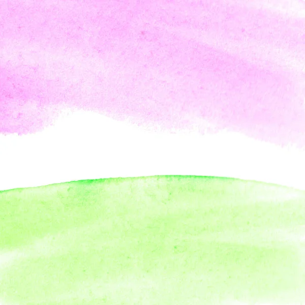 緑の芝生とピンクの夕焼け空の花の木 抽象的な夏の水彩画の背景を持つ土地 絵葉書 バナー イラストのテンプレート — ストック写真