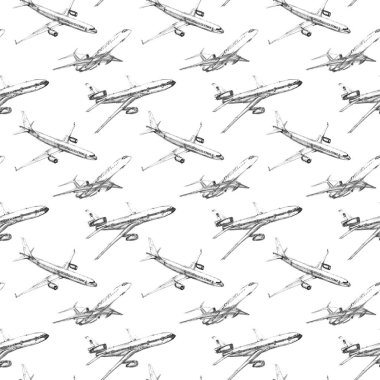 Kurşun kalemle çizilmiş uçaklarla kusursuz desen. Erkekler için geçmiş ve dokular, seyahat, iş tasarımı, ambalaj, kumaş, tekstil, baskılar.