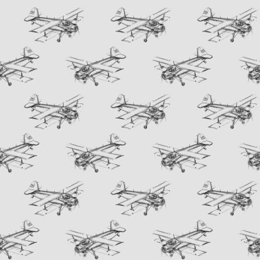 Kurşun kalemle çizilmiş uçaklarla kusursuz desen. Erkekler için geçmiş ve dokular, seyahat, iş tasarımı, ambalaj, kumaş, tekstil, baskılar.