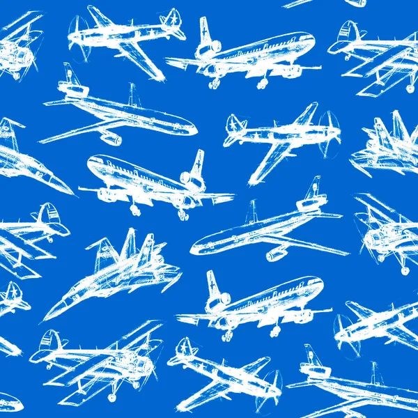 鉛筆で描かれた飛行機とシームレスなパターン 男の子のための背景とテクスチャ ビジネスデザイン 包装生地のテキスタイルプリント — ストック写真