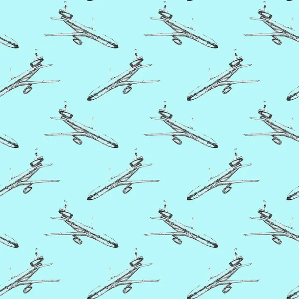 Seamless Pattern Pencil Drawn Airplanes Backgrounds Textures Boys Travel Business — Stock Photo, Image