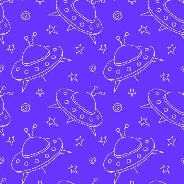 Uçan daireler ve UFO 'larla kusursuz çocuksu bir model. Kumaş, ambalaj, duvar kağıdı, tekstil, giysi, örtü için vektör arkaplan ve doku.