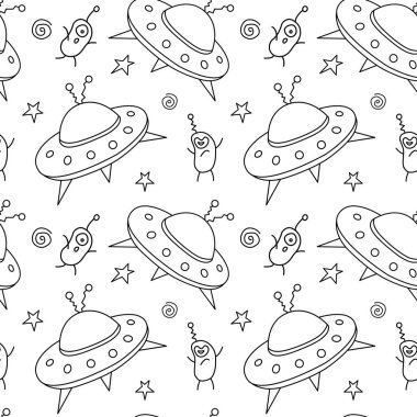 Uçan dairelerle, UFO 'larla, sevimli uzaylılarla kusursuz çocuksu bir düzen. Kumaş, ambalaj, duvar kağıdı, tekstil, giysi, kapak, boyama kitabı için vektör arkaplan ve dokusu.