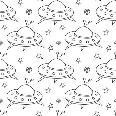 Uçan daireler ve UFO 'larla kusursuz çocuksu bir model. Kumaş, ambalaj, duvar kağıdı, tekstil, giysi, kapak, boyama kitabı için vektör arkaplan ve dokusu.