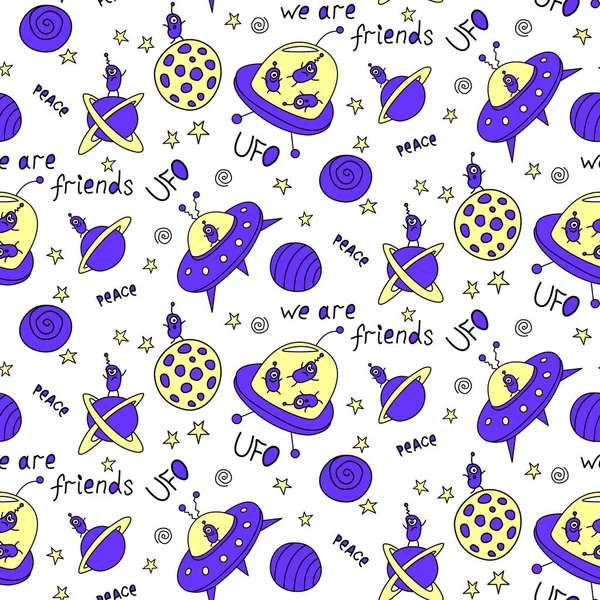 Vector Color Seamless Childish Pattern Cute Outline Monsters Aliens Space — Stock Vector