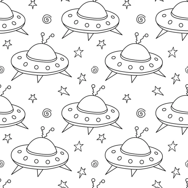 Zökkenőmentes Gyerekes Minta Repülő Csészealjakkal Ufo Vektor Háttér Textúra Szövet — Stock Vector