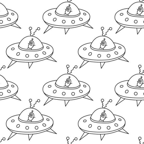 Ilustrações de desenhos animados de ovnis. alien em um disco voador. padrão  sem costura