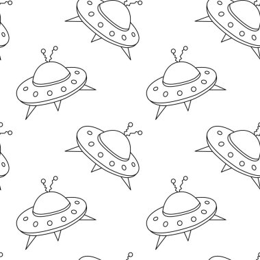 Uçan daireler ve UFO 'larla kusursuz çocuksu bir model. Kumaş, ambalaj, duvar kağıdı, tekstil, giysi, kapak, boyama kitabı için vektör arkaplan ve dokusu.