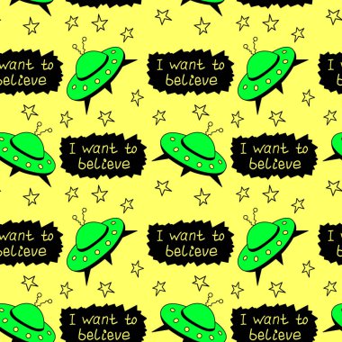 Uçan dairelerde kusursuz desen, UFO. Kumaş, ambalaj, duvar kağıdı, tekstil, giysi, örtü için vektör arkaplan ve doku.