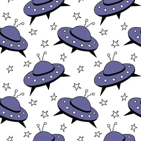Seamless pattern with Flying Saucers, UFO. Vector background and texture for fabric, wrapping, wallpaper, textile, apparel, cover.