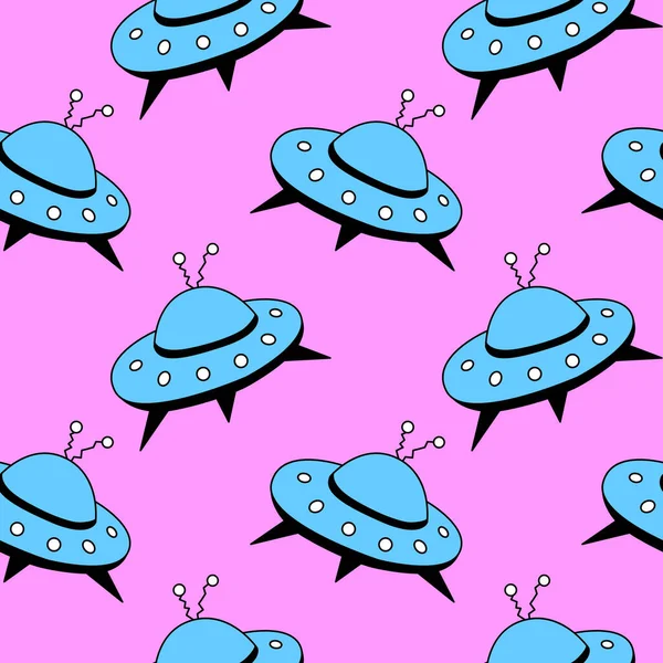 Seamless pattern with Flying Saucers, UFO. Vector background and texture for fabric, wrapping, wallpaper, textile, apparel, cover.