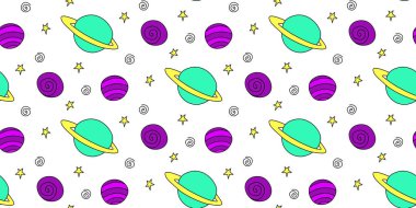 Bebek kusursuz desen. Farklı renkte çizgi film gezegenleri ve uzaydaki yıldızlar. Vektör Kozmik arkaplan ve doku. Çocuklar için tasarım, kumaş, ambalaj kağıdı, tekstil, giysi.