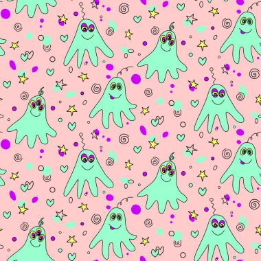 Şirin yaratıklarla ve uzay karalamalarıyla renklendirilmiş kusursuz çocuksu bir şekil. Bebek arka planı kumaş, ambalaj, duvar kağıdı, tekstil, giysi, örtü için mükemmel..