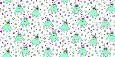 Tatlı yaratıklarla, uzaylılarla ve uzay karalamalarıyla kusursuz çocuksu desenler. Bebek arka planı kumaş, ambalaj, duvar kağıdı, tekstil, giysi, örtü için mükemmel..