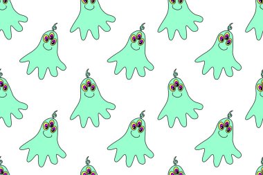 Tatlı yaratıklarla, uzaylılarla ve uzay karalamalarıyla kusursuz çocuksu desenler. Bebek arka planı kumaş, ambalaj, duvar kağıdı, tekstil, giysi, örtü için mükemmel..