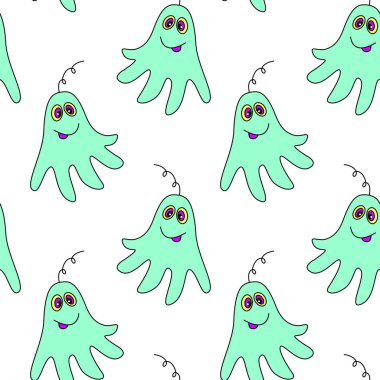 Tatlı yaratıklarla, uzaylılarla ve uzay karalamalarıyla kusursuz çocuksu desenler. Bebek arka planı kumaş, ambalaj, duvar kağıdı, tekstil, giysi, örtü için mükemmel..