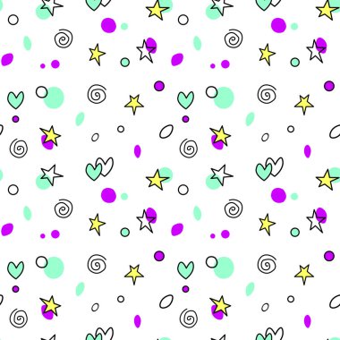 Basit vektör kalıpları parlak elementlerin ana hatlarını çizer. Kalpler daireler çizer. Yuvarlak halkalar, sarmal halkalar, beyaz arka plan. Tebrik kartları, ambalaj kağıdı, doğum günü, kumaş, tekstil, web.