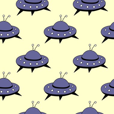 Uçan dairelerde kusursuz desen, UFO. Kumaş, ambalaj, duvar kağıdı, tekstil, giysi, örtü için vektör arkaplan ve doku.