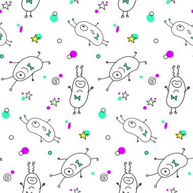 Çizgili sevimli canavarlar, uzaylılar ve uzay karalamaları olan kusursuz çocuksu bir model. Kumaş, ambalaj, duvar kağıdı, tekstil, giysi, örtü için arka plan ve doku.