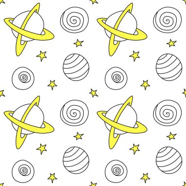 Bebek kusursuz desen. Karikatür gezegenleri ve uzaydaki yıldızlar. Vektör Kozmik arkaplan ve doku. Çocuk tasarımı, kumaş, ambalaj kağıdı, duvar kağıdı, tekstil, giysi.