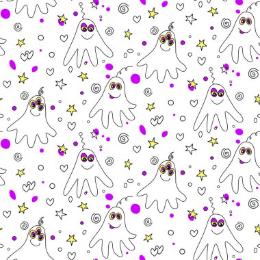 Tatlı yaratıklarla, uzaylılarla ve uzay karalamalarıyla kusursuz çocuksu desenler. Kumaş, ambalaj, duvar kağıdı, tekstil, giysi, örtü için arka plan ve doku.