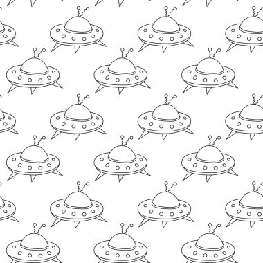 Uçan daireler ve UFO 'larla kusursuz çocuksu bir model. Kumaş, ambalaj, duvar kağıdı, tekstil, giysi, kapak, boyama kitabı için vektör arkaplan ve dokusu.