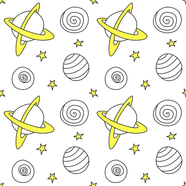 赤ちゃんのシームレスなパターン 宇宙の漫画の惑星や星 ベクトル宇宙背景とテクスチャ 子供のためのデザイン ファブリック 包装紙 テキスタイル アパレル — ストックベクタ
