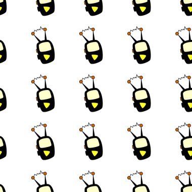 Radyo, telsiz, verici, cep telefonu ya da karikatür tarzında MP3 çalar ile kusursuz desen. İletişim temasının dizayn ögesi, ilk bağlantı. Çizim vektör illüstrasyonu.