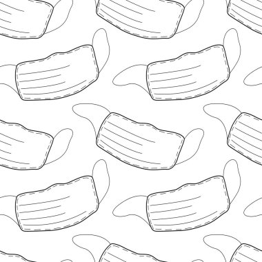 Beyaz arka planda izole edilmiş tıbbi maskeli kusursuz desen. Virüs koruması, karantina. Koronavirüs salgını. Covid 19.