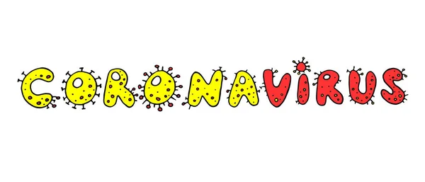 Coronavirus病毒在白色背景上孤立的向量红黄色手写字体 以病毒感染分子为形式的彩色字母 — 图库矢量图片