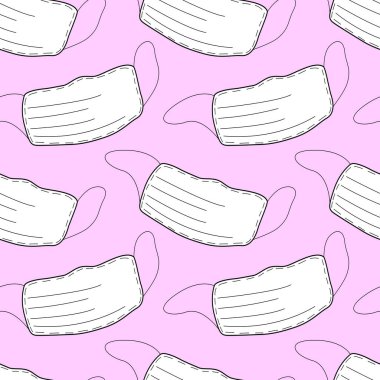 Pembe arka planda izole edilmiş, kusursuz tıbbi yüz maskeleri var. Virüs koruması, karantina. Koronavirüs salgını. Covid 19.